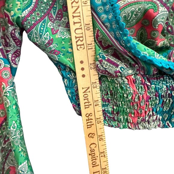 Pom Pom Lace Wrap Paisley Print Cropped Blouse Top Women's Multicolor Hippie - Picture 4 of 6